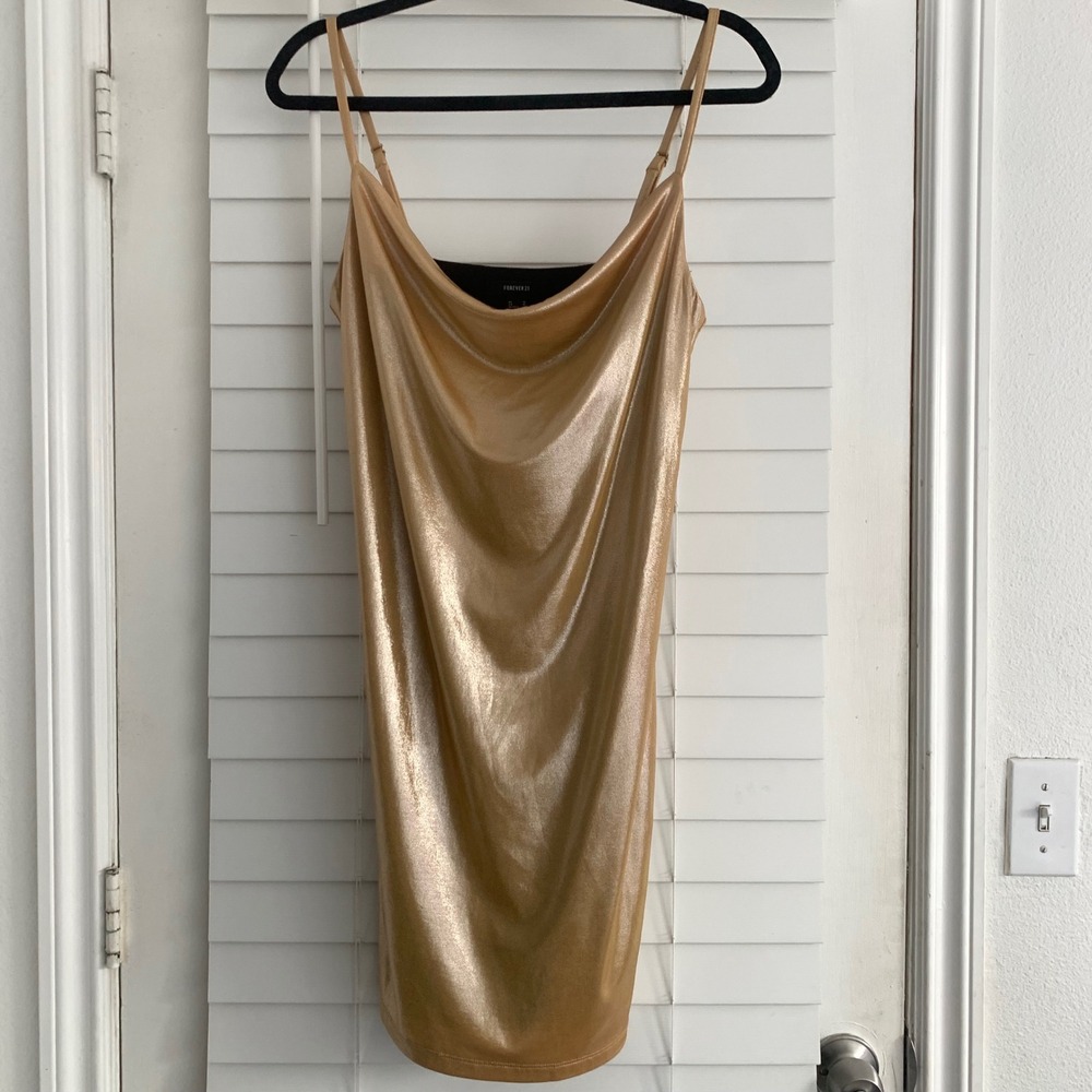Forever 21 Metallic Gold Cowl Neck Mini‎ Dress Adjustable Straps Womens Medium